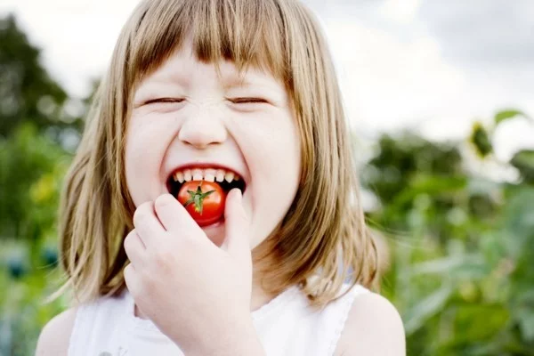 fröhliches kind mit einer tomate gesunde ernährung kinder