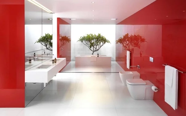 badezimmer gestaltungsideen glanzvolle roten oberflächen