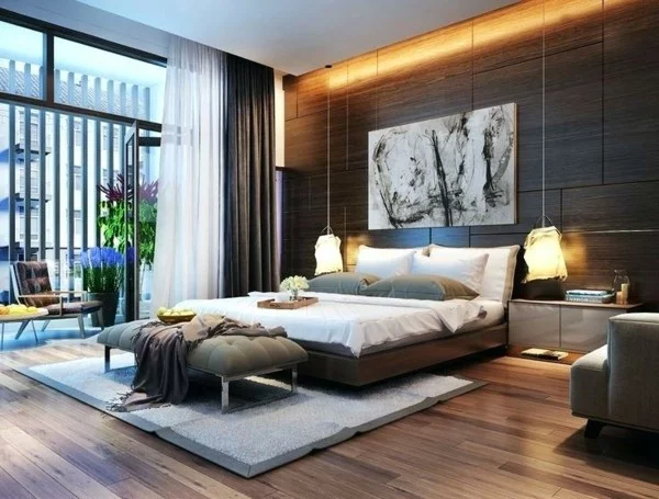 brauntöne schlafzimmer wandgestaltung mit holz
