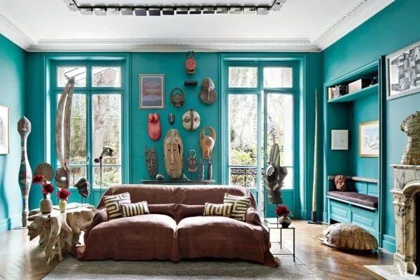 brauntöne wohnzimmer türkis wandfarbe