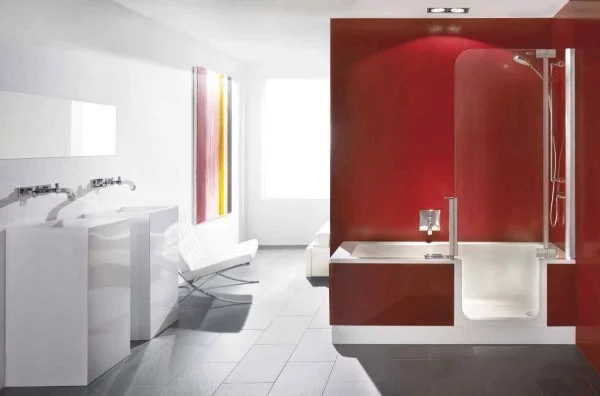 bathroom decor apartment modern Beautiful Contemporary Apartment Red Bathroom Design With White Gloss Vanity