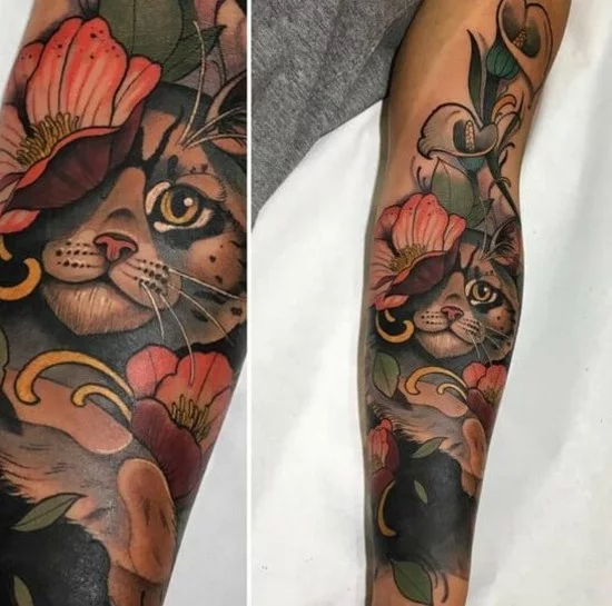 leopard blumen sleeve tattoo ideen