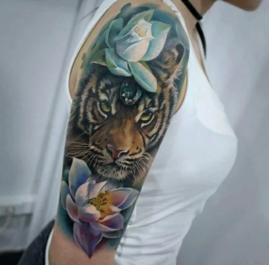 tiger lotus sleeve tattoo ideen
