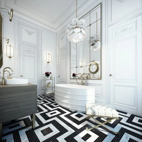 Pariser Chic im Bad in weiß und schwarz auffällige Muster Bodenfliesen großer Spiegel moderner Kronleuchter