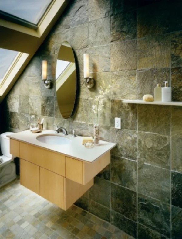 Stein im Bad mit Farben und Texturen spielen runder Spiegel