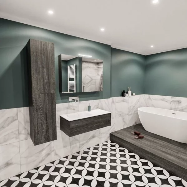 Freihängender Waschtisch mit Unterschrank für ein stilvolles Badezimmer fliesen halbwand marmor holz stilvoll